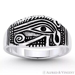 Eye of Horus Egyptian Luck Charm Ring in Oxidized .925 Sterling Silver Size 5